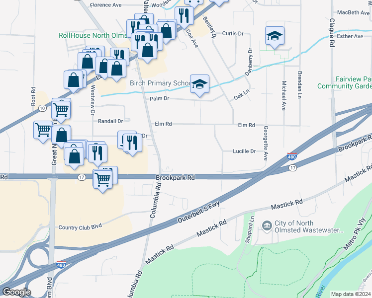 map of restaurants, bars, coffee shops, grocery stores, and more near 4859 Columbia Road in North Olmsted