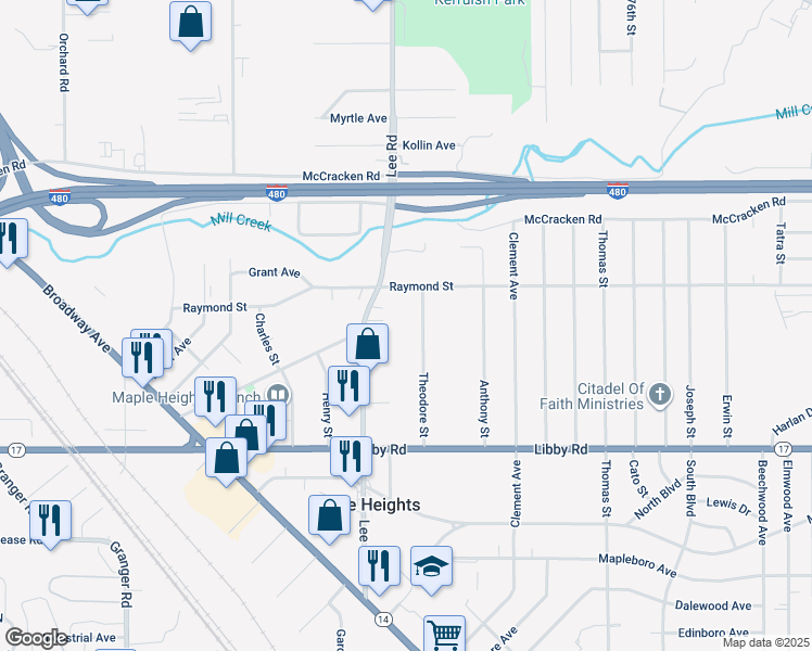 map of restaurants, bars, coffee shops, grocery stores, and more near 5126 Theodore Street in Maple Heights