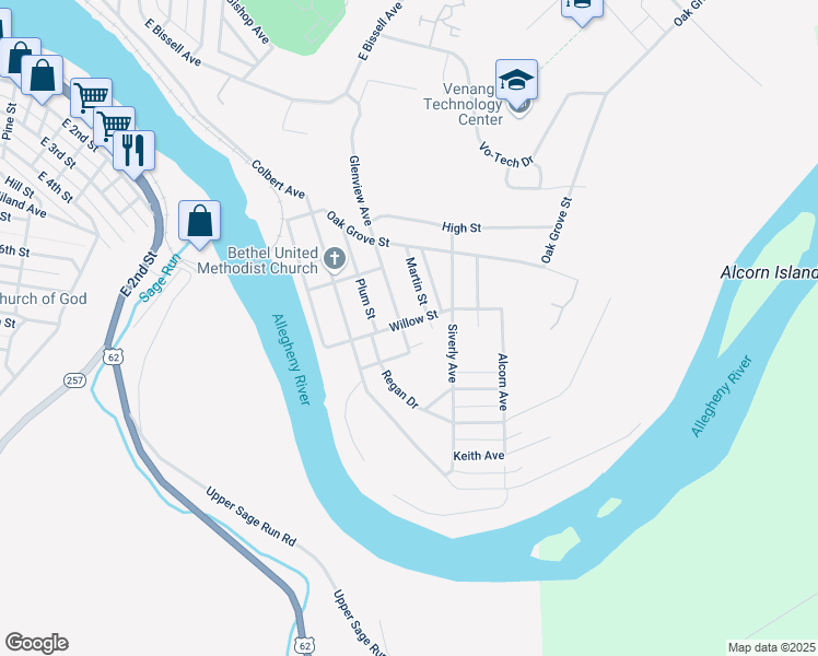 map of restaurants, bars, coffee shops, grocery stores, and more near 112-146 Glenview Ave in Oil City
