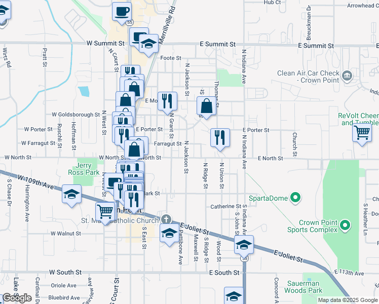 map of restaurants, bars, coffee shops, grocery stores, and more near 219 North Jackson Street in Crown Point