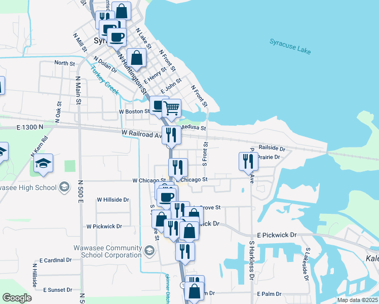 map of restaurants, bars, coffee shops, grocery stores, and more near 201 East Baltimore Street in Syracuse