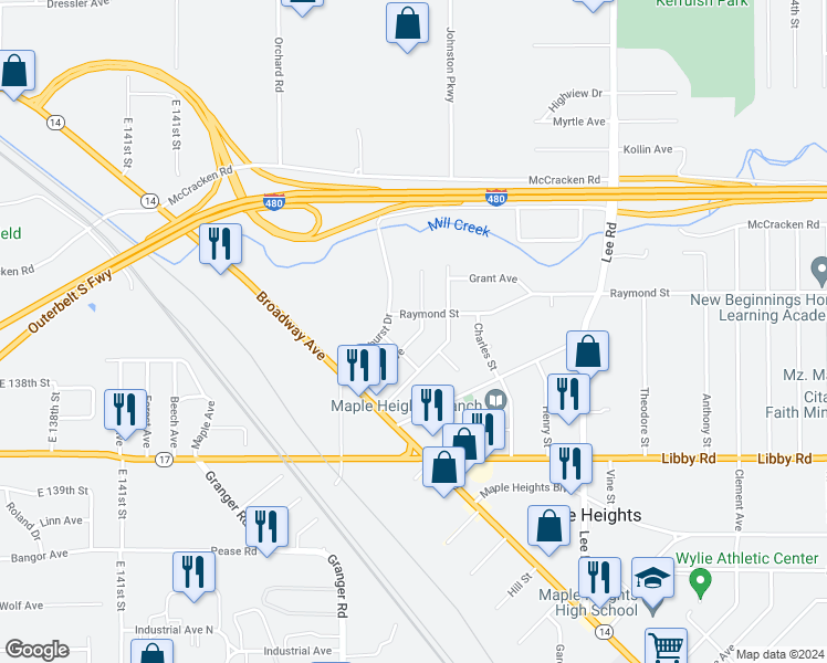 map of restaurants, bars, coffee shops, grocery stores, and more near 5144 Miller Avenue in Maple Heights