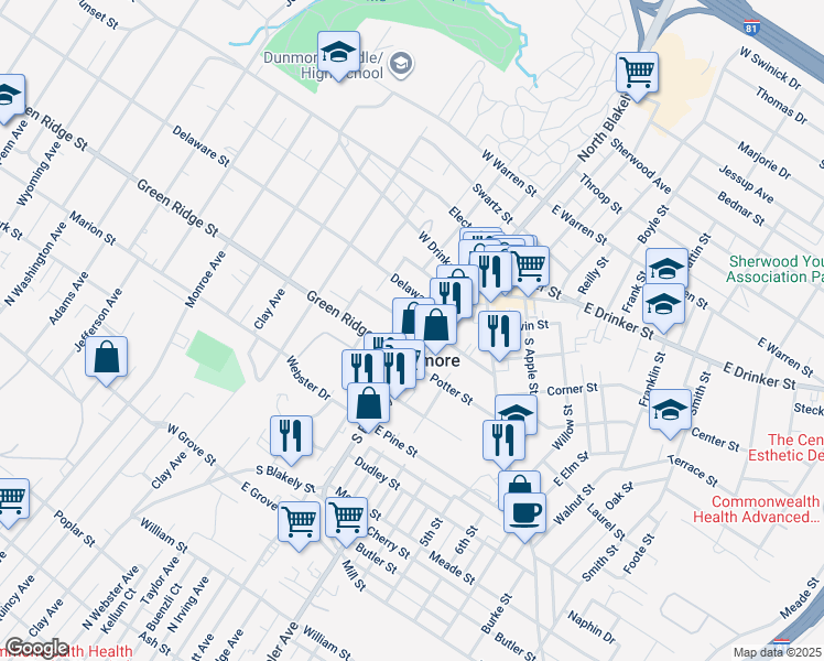 map of restaurants, bars, coffee shops, grocery stores, and more near 2031 Rigg Street in Dunmore