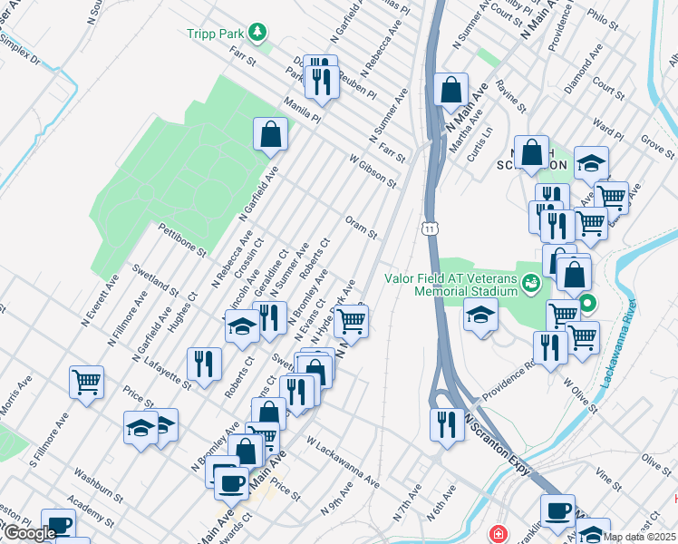 map of restaurants, bars, coffee shops, grocery stores, and more near 721 North Hyde Park Avenue in Scranton