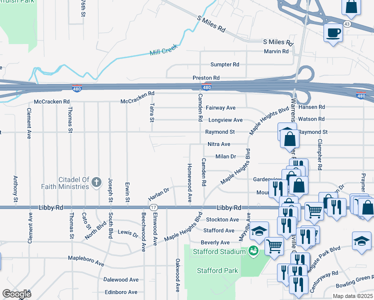 map of restaurants, bars, coffee shops, grocery stores, and more near 5139 Homewood Avenue in Maple Heights