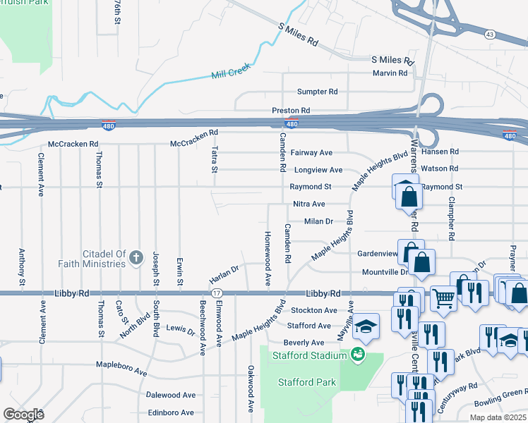 map of restaurants, bars, coffee shops, grocery stores, and more near 5139 Homewood Avenue in Maple Heights