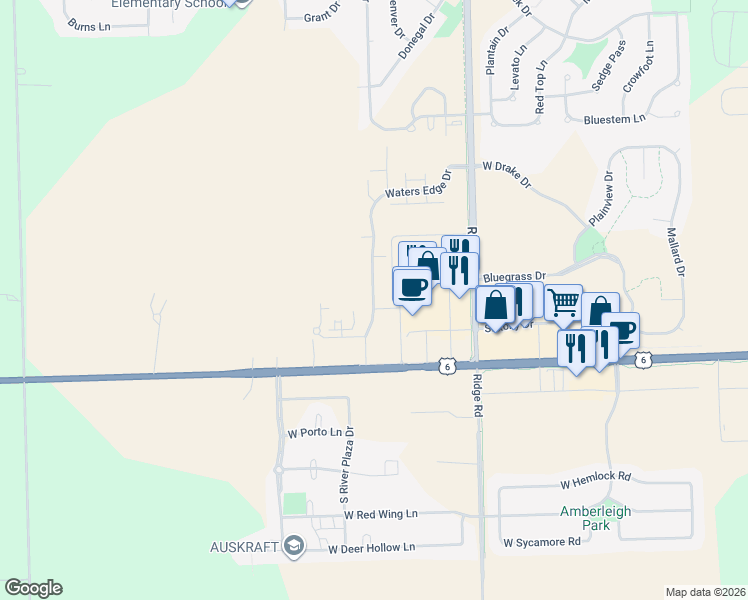 map of restaurants, bars, coffee shops, grocery stores, and more near 2080 Waters Edge Drive in Minooka