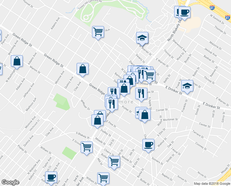 map of restaurants, bars, coffee shops, grocery stores, and more near 2032 Rigg Street in Dunmore