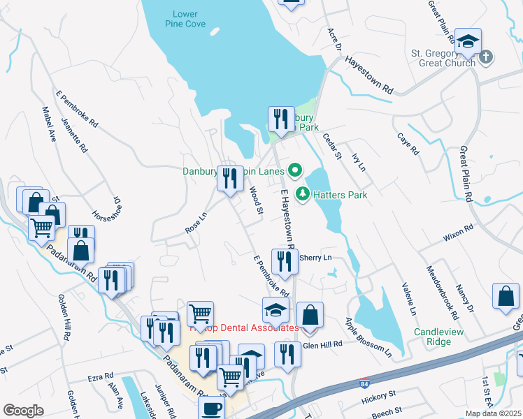 map of restaurants, bars, coffee shops, grocery stores, and more near 38 East Hayestown Road in Danbury