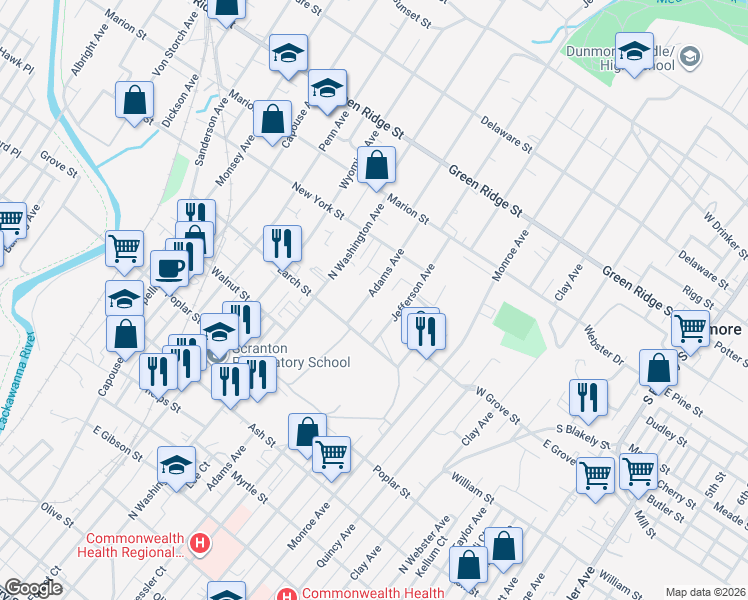 map of restaurants, bars, coffee shops, grocery stores, and more near 1322 Adams Avenue in Dunmore