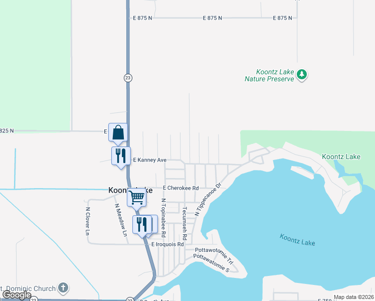 map of restaurants, bars, coffee shops, grocery stores, and more near 8175 N Oak Ave in Walkerton