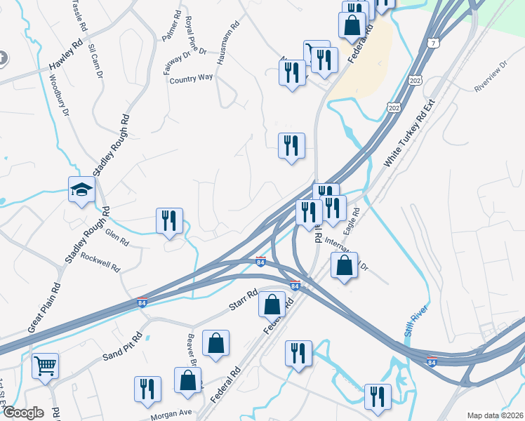 map of restaurants, bars, coffee shops, grocery stores, and more near 144b Old Brookfield Road in Danbury
