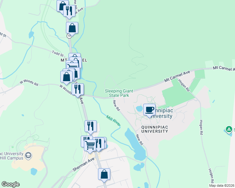 map of restaurants, bars, coffee shops, grocery stores, and more near 200 Mount Carmel Avenue in Hamden