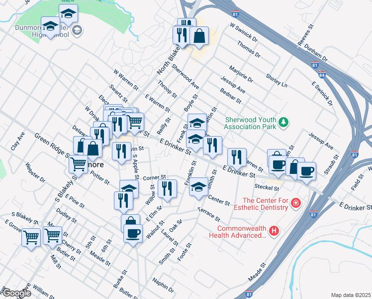 map of restaurants, bars, coffee shops, grocery stores, and more near 439 East Drinker Street in Dunmore