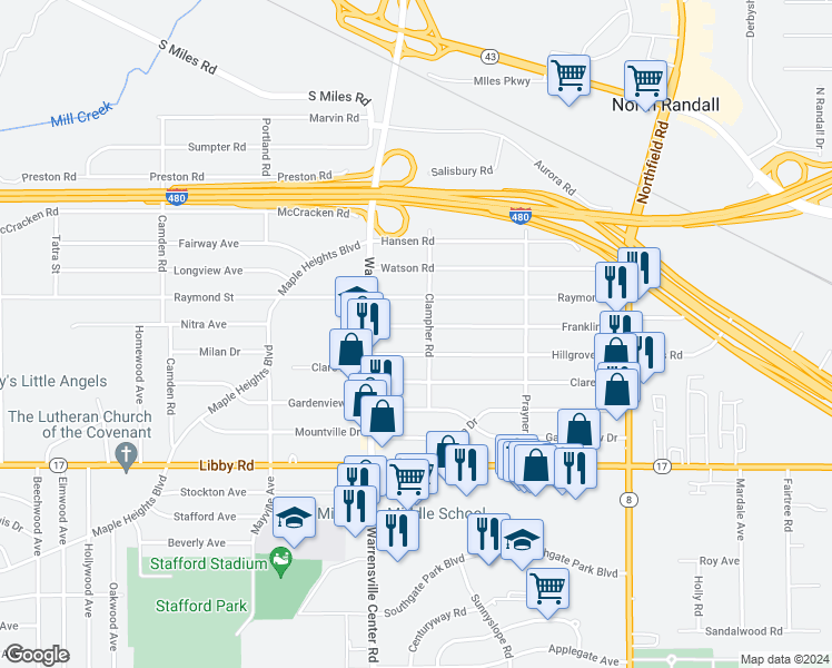 map of restaurants, bars, coffee shops, grocery stores, and more near 20608 Franklin Road in Maple Heights