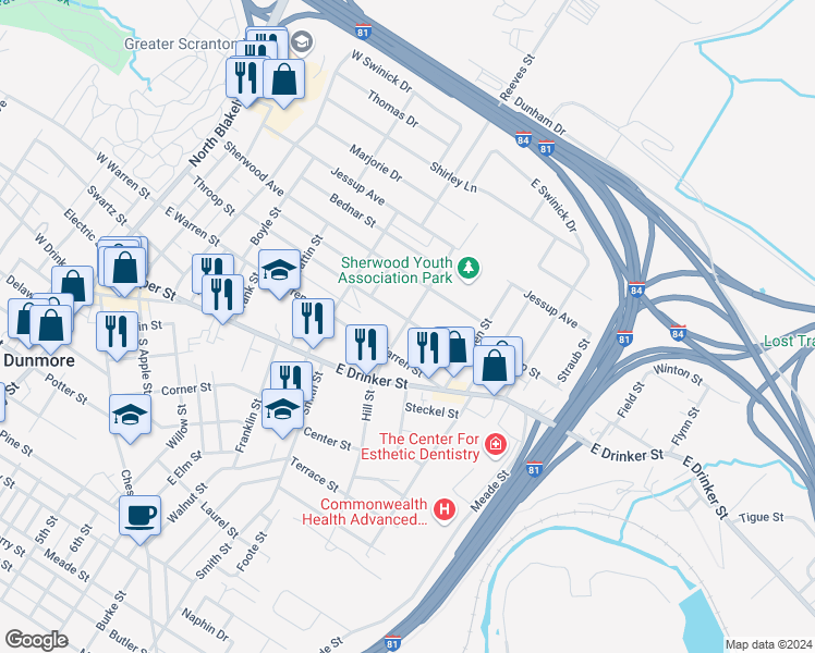 map of restaurants, bars, coffee shops, grocery stores, and more near 632 Throop Street in Dunmore