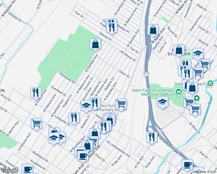 map of restaurants, bars, coffee shops, grocery stores, and more near 1314 Schlager Street in Scranton