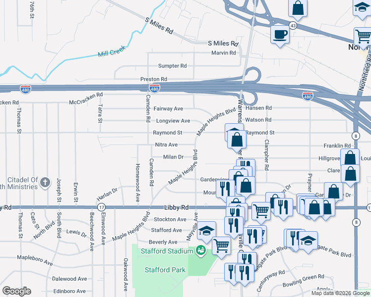 map of restaurants, bars, coffee shops, grocery stores, and more near 19777 Maple Heights Boulevard in Maple Heights