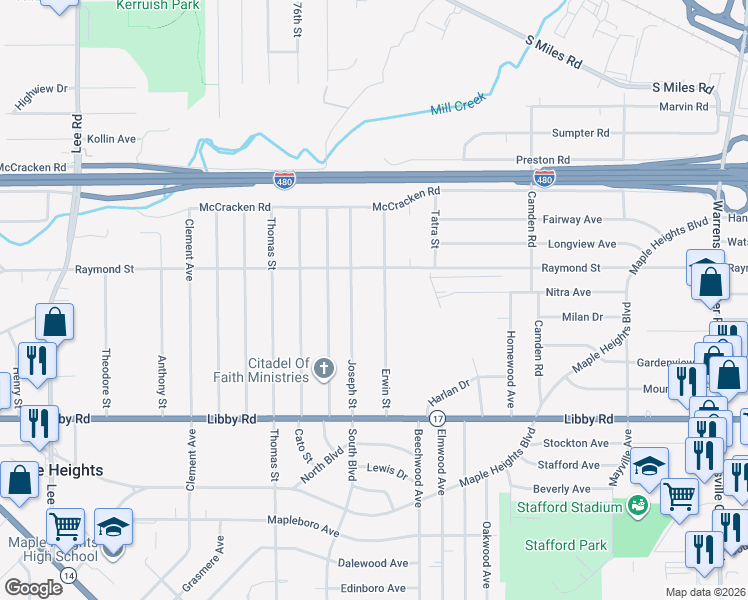 map of restaurants, bars, coffee shops, grocery stores, and more near 5130 Erwin Street in Maple Heights