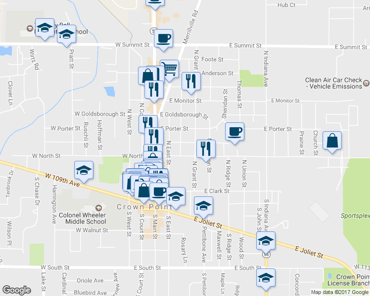 map of restaurants, bars, coffee shops, grocery stores, and more near 212 North Sherman Street in Crown Point