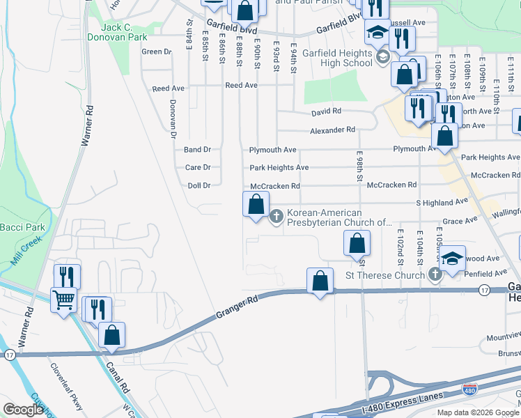 map of restaurants, bars, coffee shops, grocery stores, and more near 9002 South Highland Avenue in Garfield Heights