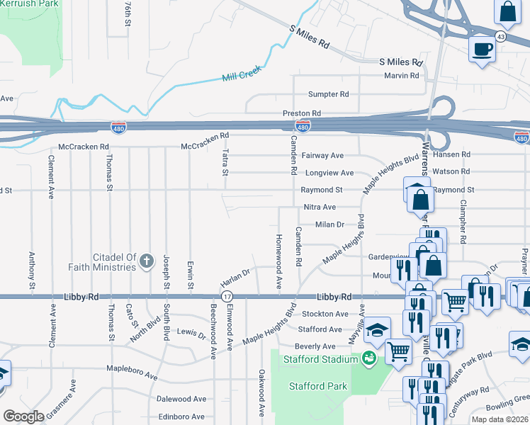map of restaurants, bars, coffee shops, grocery stores, and more near 18840 Nitra Avenue in Maple Heights