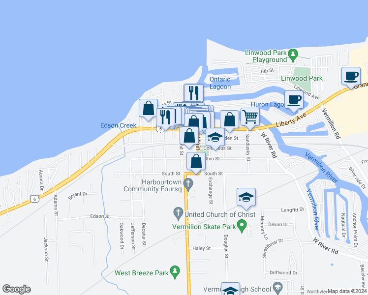 map of restaurants, bars, coffee shops, grocery stores, and more near 719 Grand Street in Vermilion