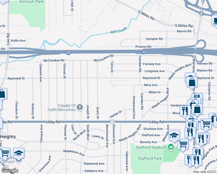map of restaurants, bars, coffee shops, grocery stores, and more near 18500 Raymond Street in Maple Heights