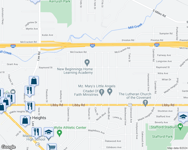 map of restaurants, bars, coffee shops, grocery stores, and more near 5134 Cato Street in Maple Heights