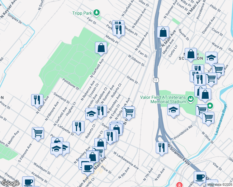 map of restaurants, bars, coffee shops, grocery stores, and more near 1314 Schlager Street in Scranton