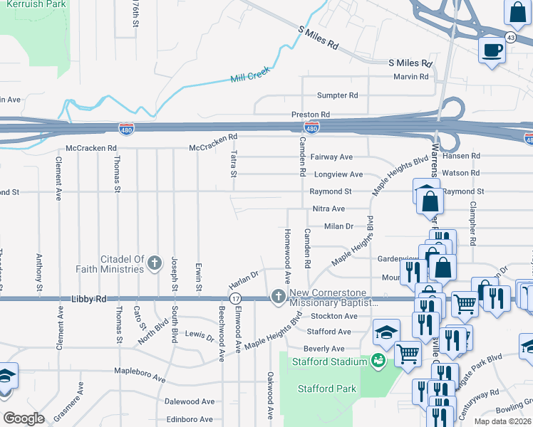 map of restaurants, bars, coffee shops, grocery stores, and more near 18840 Nitra Avenue in Maple Heights