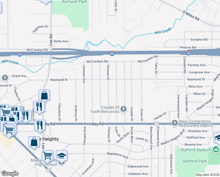 map of restaurants, bars, coffee shops, grocery stores, and more near 5135 Thomas Street in Maple Heights