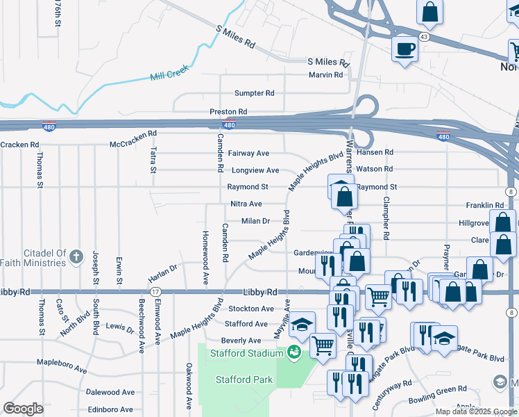 map of restaurants, bars, coffee shops, grocery stores, and more near 19514 Nitra Avenue in Maple Heights
