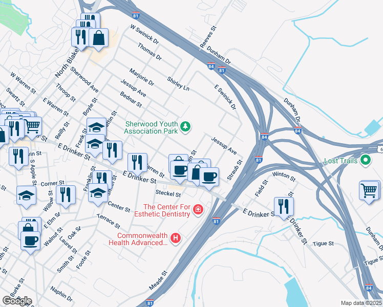 map of restaurants, bars, coffee shops, grocery stores, and more near 205 Allen Street in Dunmore