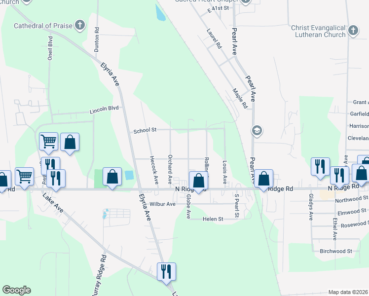 map of restaurants, bars, coffee shops, grocery stores, and more near 5288 Globe Avenue in Lorain