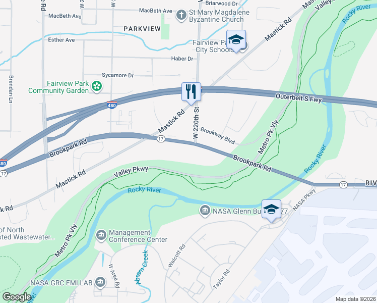 map of restaurants, bars, coffee shops, grocery stores, and more near 22021 Brookpark Road in Fairview Park