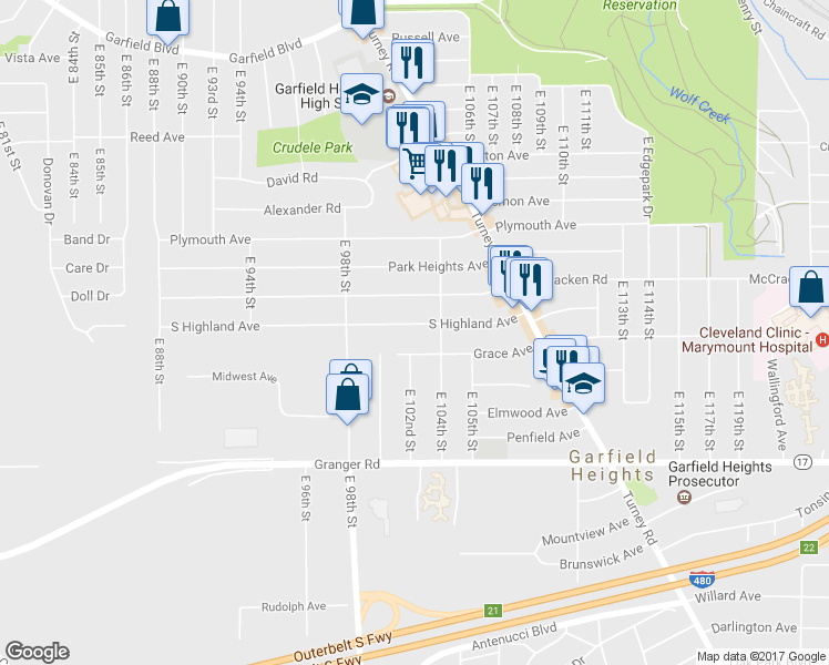 map of restaurants, bars, coffee shops, grocery stores, and more near 10208 South Highland Avenue in Garfield Heights