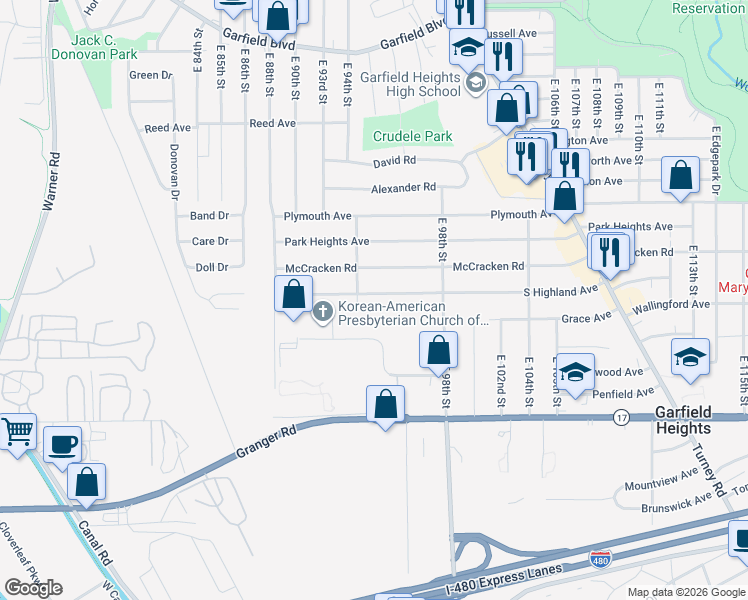 map of restaurants, bars, coffee shops, grocery stores, and more near 9406 South Highland Avenue in Garfield Heights