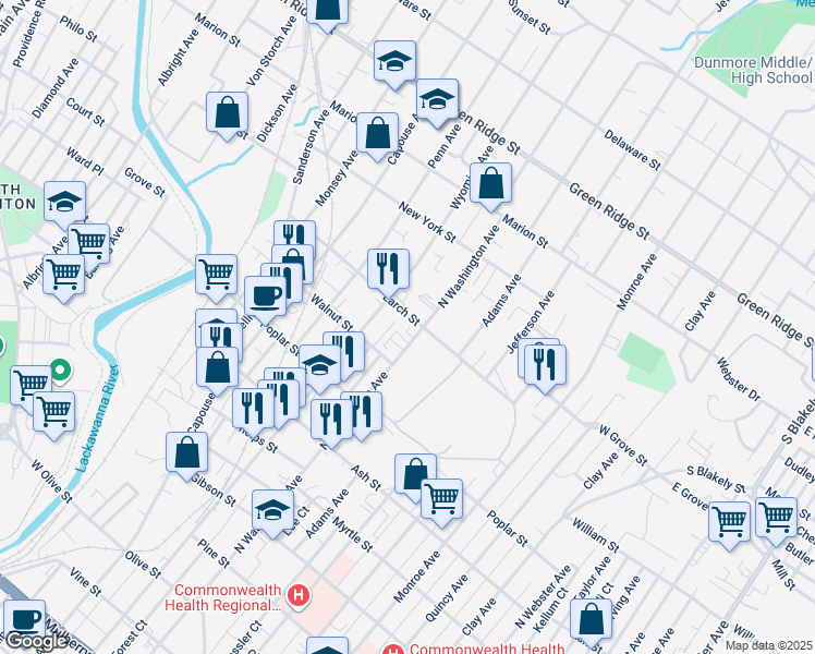 map of restaurants, bars, coffee shops, grocery stores, and more near in Scranton