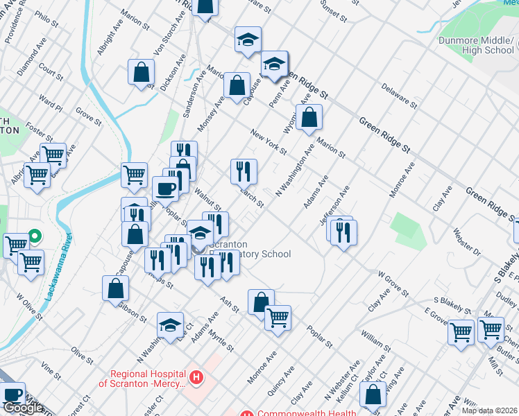 map of restaurants, bars, coffee shops, grocery stores, and more near 440 Larch Street in Scranton