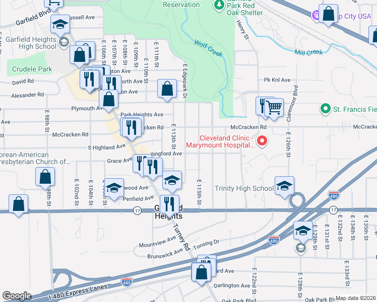 map of restaurants, bars, coffee shops, grocery stores, and more near 5135 East 114th Street in Garfield Heights