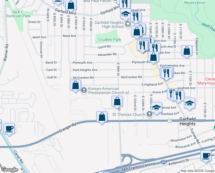map of restaurants, bars, coffee shops, grocery stores, and more near 9612 South Highland Avenue in Garfield Heights