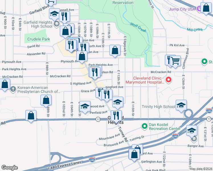 map of restaurants, bars, coffee shops, grocery stores, and more near 11015 Wallingford Avenue in Garfield Heights