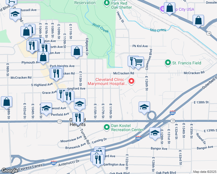 map of restaurants, bars, coffee shops, grocery stores, and more near 5136 East 119th Street in Garfield Heights