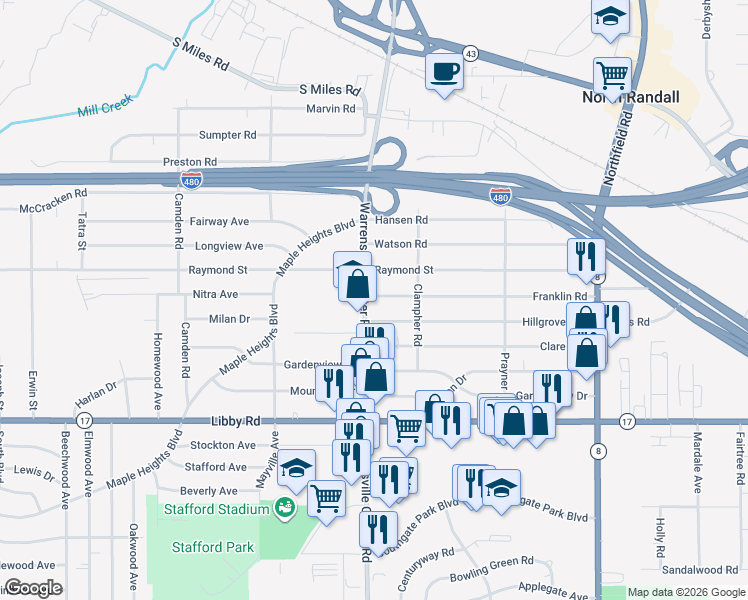 map of restaurants, bars, coffee shops, grocery stores, and more near 5131 Warrensville Center Road in Maple Heights
