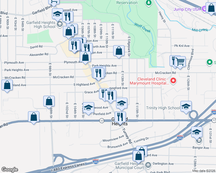 map of restaurants, bars, coffee shops, grocery stores, and more near 11015 Wallingford Avenue in Garfield Heights
