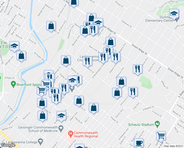 map of restaurants, bars, coffee shops, grocery stores, and more near 440 Larch Street in Scranton