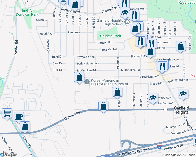 map of restaurants, bars, coffee shops, grocery stores, and more near 9406 South Highland Avenue in Garfield Heights