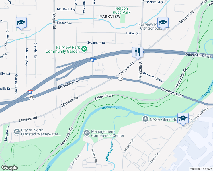 map of restaurants, bars, coffee shops, grocery stores, and more near 22605 Mastick Road in Fairview Park
