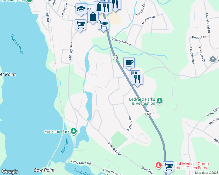 map of restaurants, bars, coffee shops, grocery stores, and more near 12 Barry Drive in Ledyard